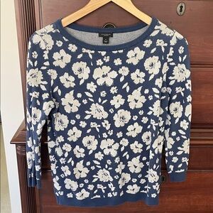 Ann Taylor Blue and Cream Floral Crewneck Sweater